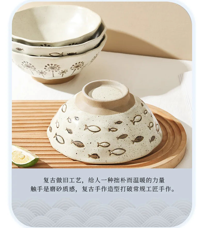 coarse pottery bowl, retro ceramic tableware, underglaze colored noodle bowl, lace soup bowl, household hat  commercial ramen