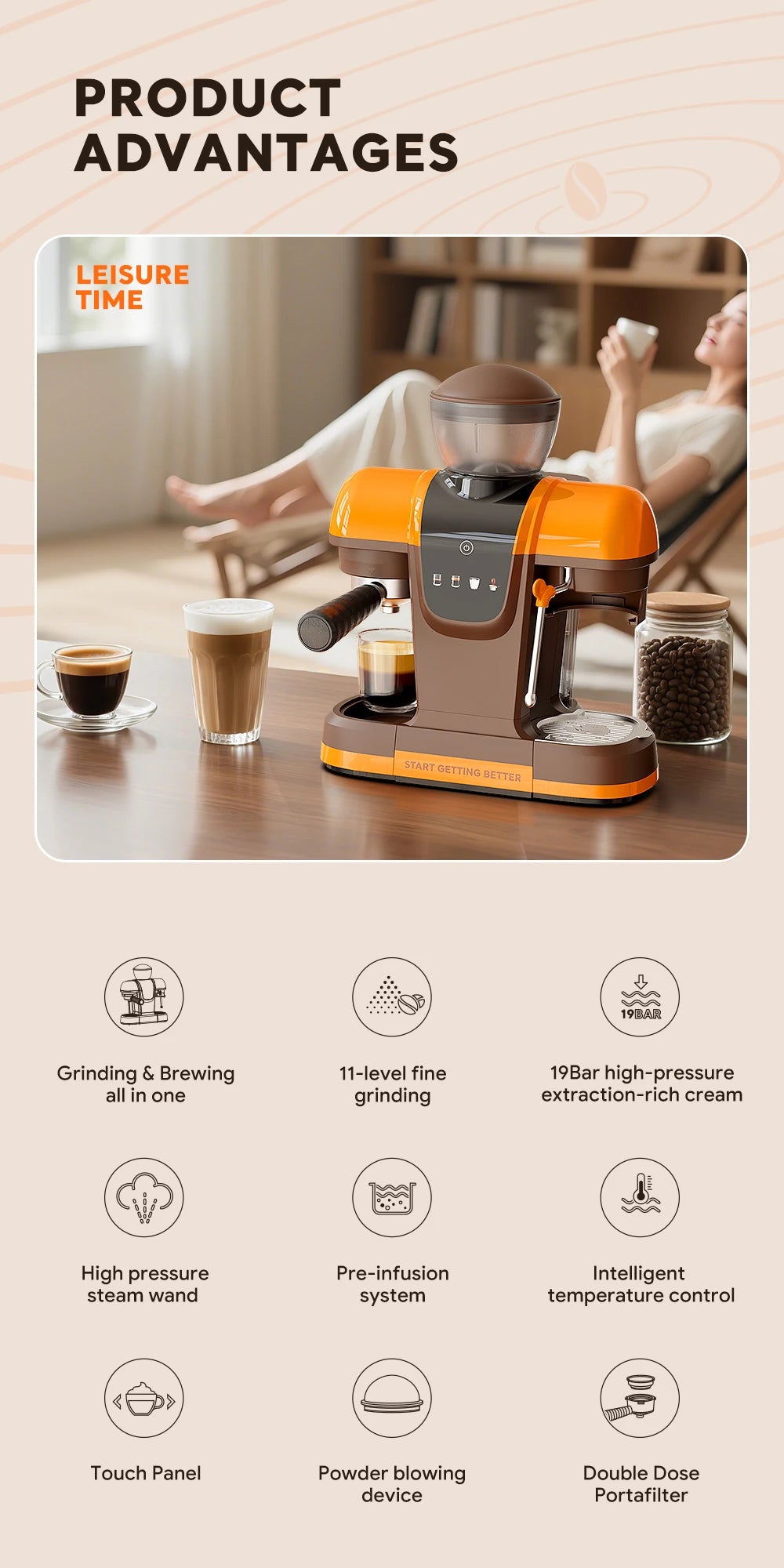 I Cafilas 19 Bar Semi Automatic Espresso Coffee Maker With Grinder Bean For Cappuccino and Latte Milk Frothing System Machine