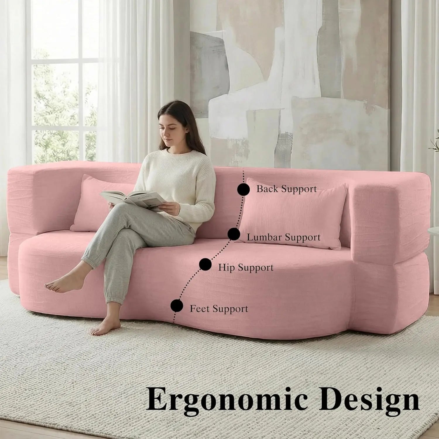 Convertible Sofa Bed, 78'' Queen Size Folding Sleeper Sofa with Pillow, 2-in-1 Teddy Fabric Boneless Loveseat Floor, Customized