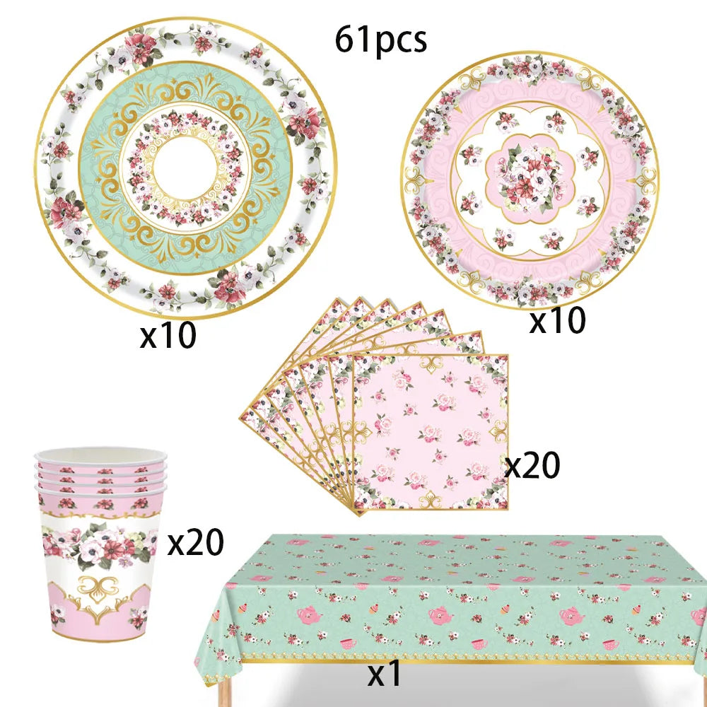 Vintage Floral Tea Party Tableware Set Elegant Pink Paper Plates Cups Napkins EVJF Girls Birthday Bridal Shower Wedding Decor