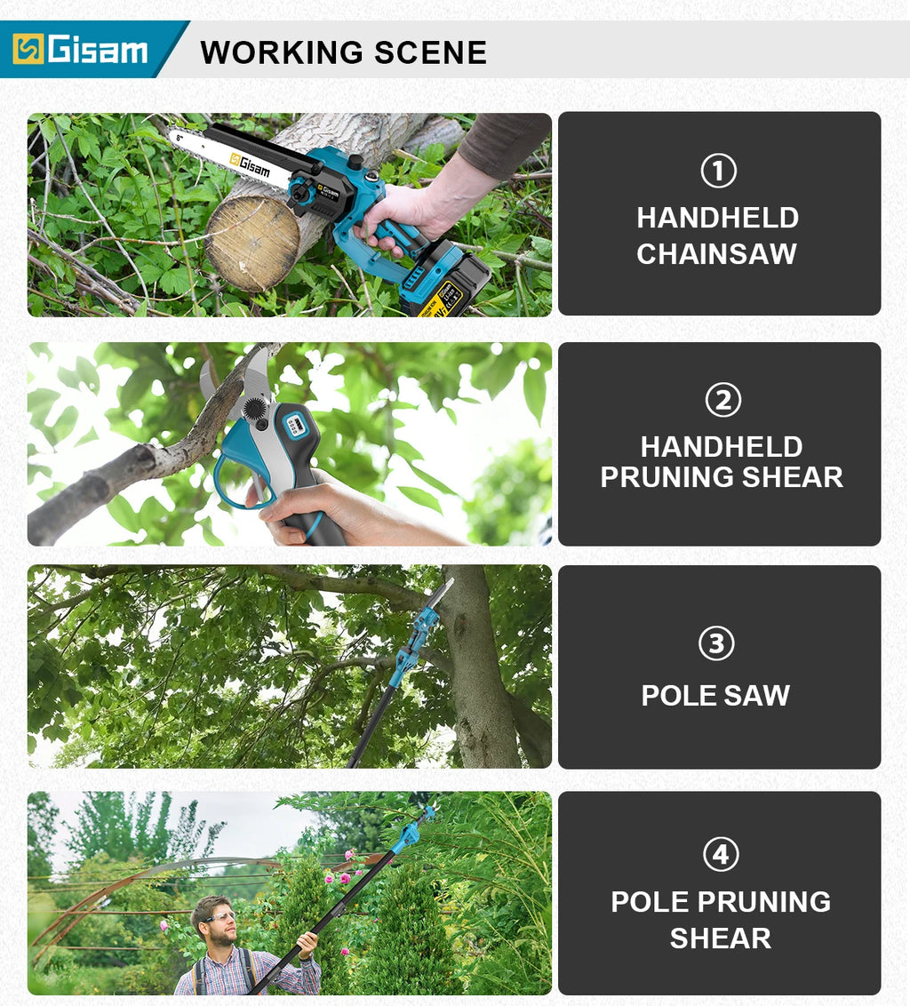 Gisam 4 IN 1 Brushless Telescoping Pole Electric Chainsaw High Branch Scissor Gardening Power Tool For Makita 18V Batter Pins