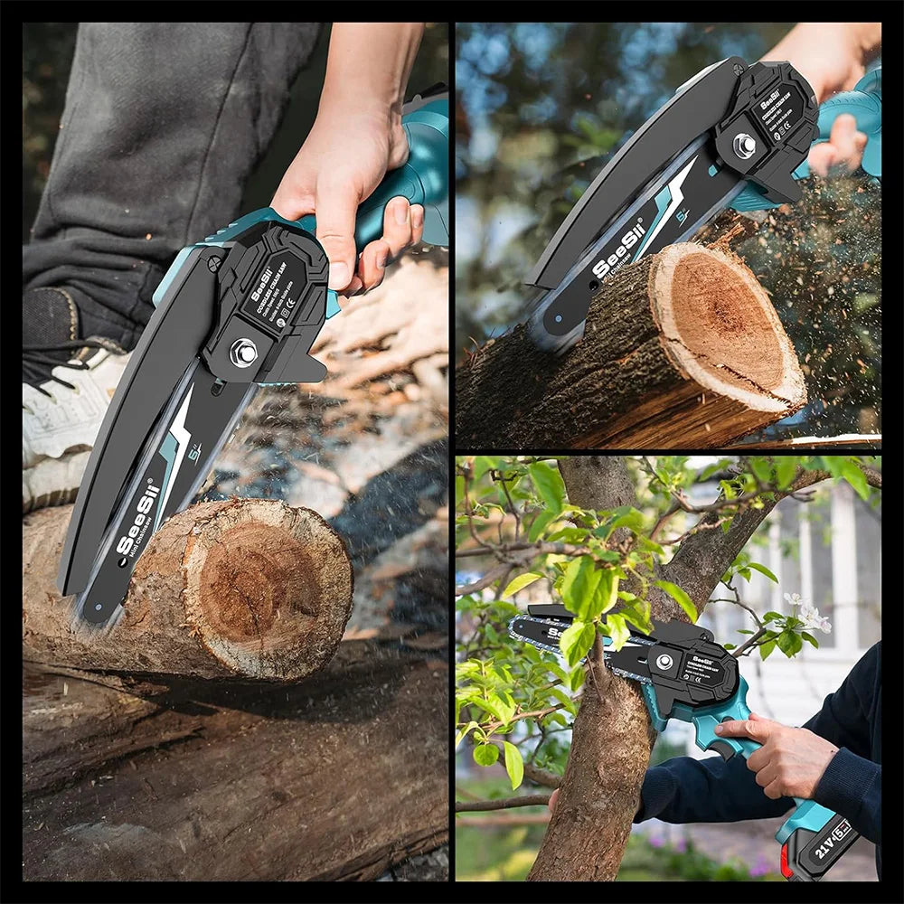 Seesii Mini Chainsaw Cordless 6-inch Handheld Electric Power Chain Saw for Garden Tools Tree Trimming Wood Cutting Best Gifts