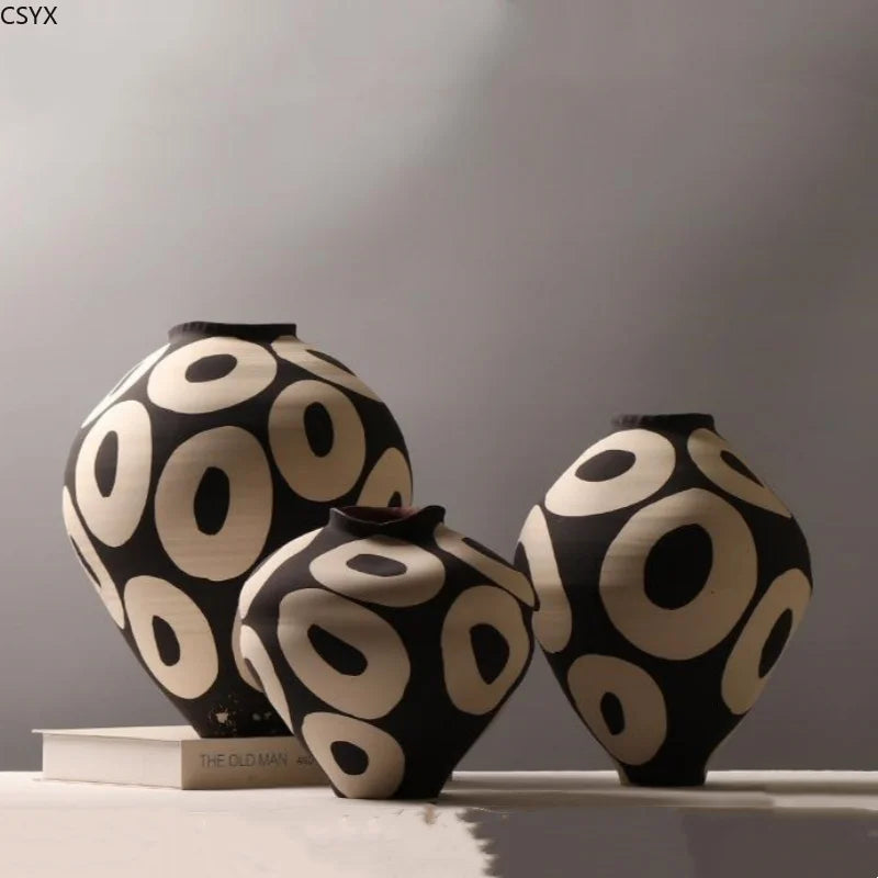 Ceramic Vase Hand-drawn Geometric Circles Flower Vase Flower Arrangement Accessories Porcelain Pot Home Decoration