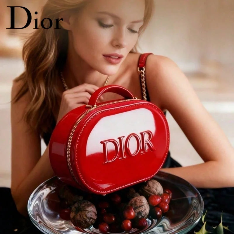 Dior Dior’s Bag Luxury Glossy Bright Red Oval Handheld Makeup Organizer Pouch Patent Leather Embossed Logo Waterproof Travel Cos