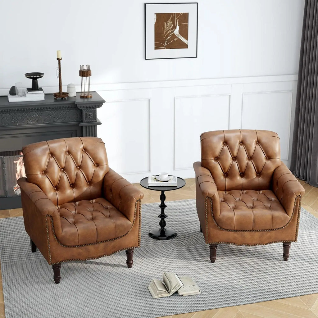 Faux Leather Accent Chairs Set of 2, Comfy Club Chair Upholstered Armchair for Living Room, Button Tufted Arm Chair, Customized