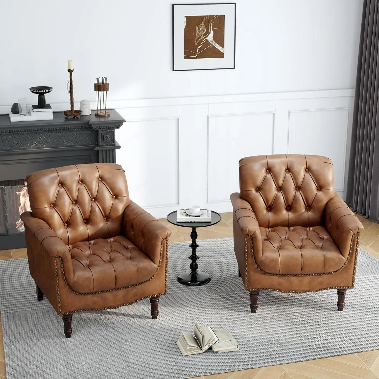 Faux Leather Accent Chairs Set of 2, Comfy Club Chair Upholstered Armchair for Living Room, Button Tufted Arm Chair, Customized