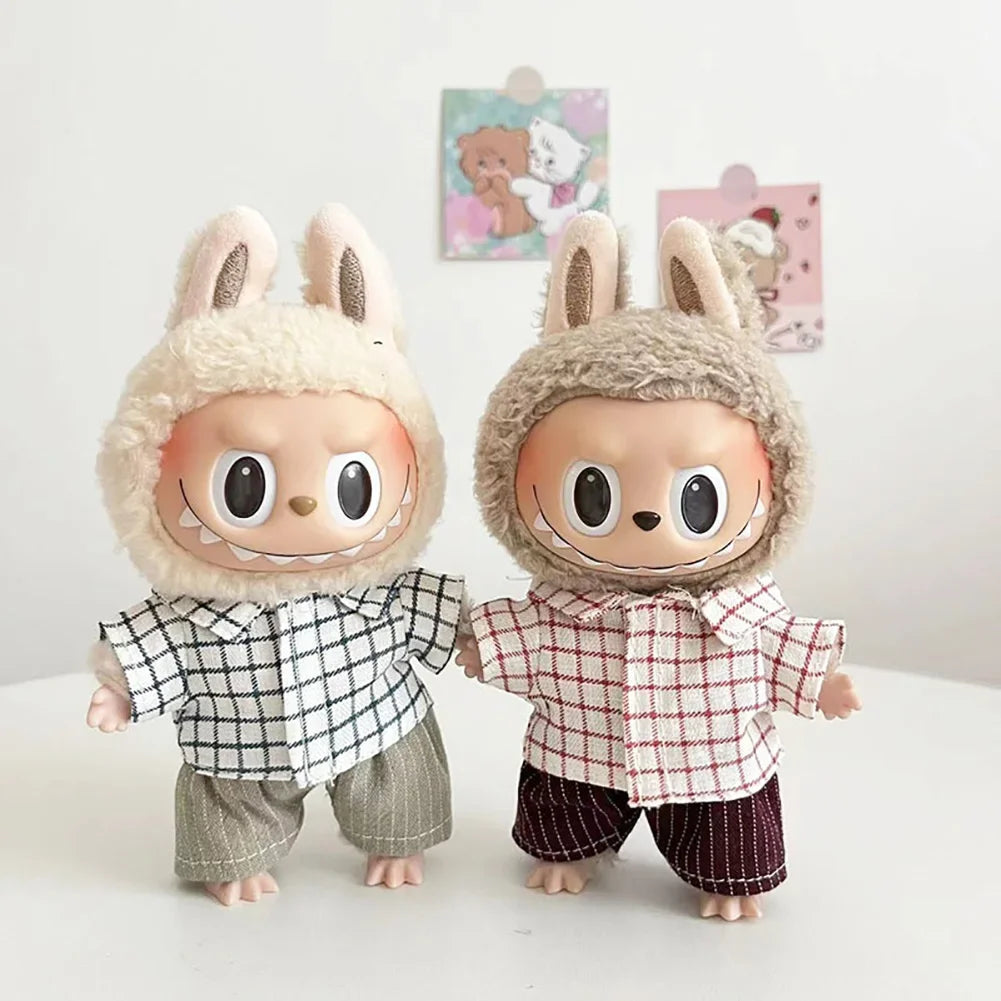 For 17cm Labubu Doll Little Bailey Hat Checkered Overalls Set Labubu Outfit Accessories Labubu Ropa