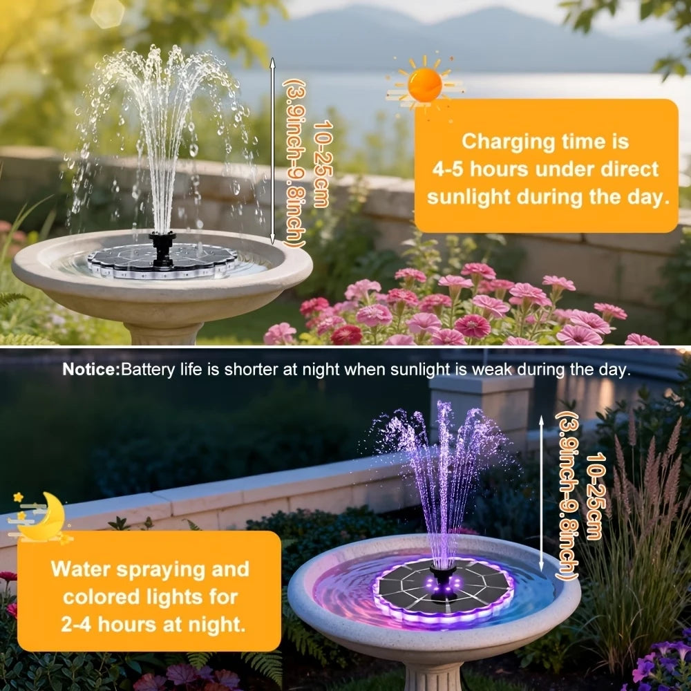 Solar Fountain with LED Lights&1800mAh Battery, 3.5W Solar Water Fountain Pump with 8 Nozzles&Crash Bars for Outdoor Decoration