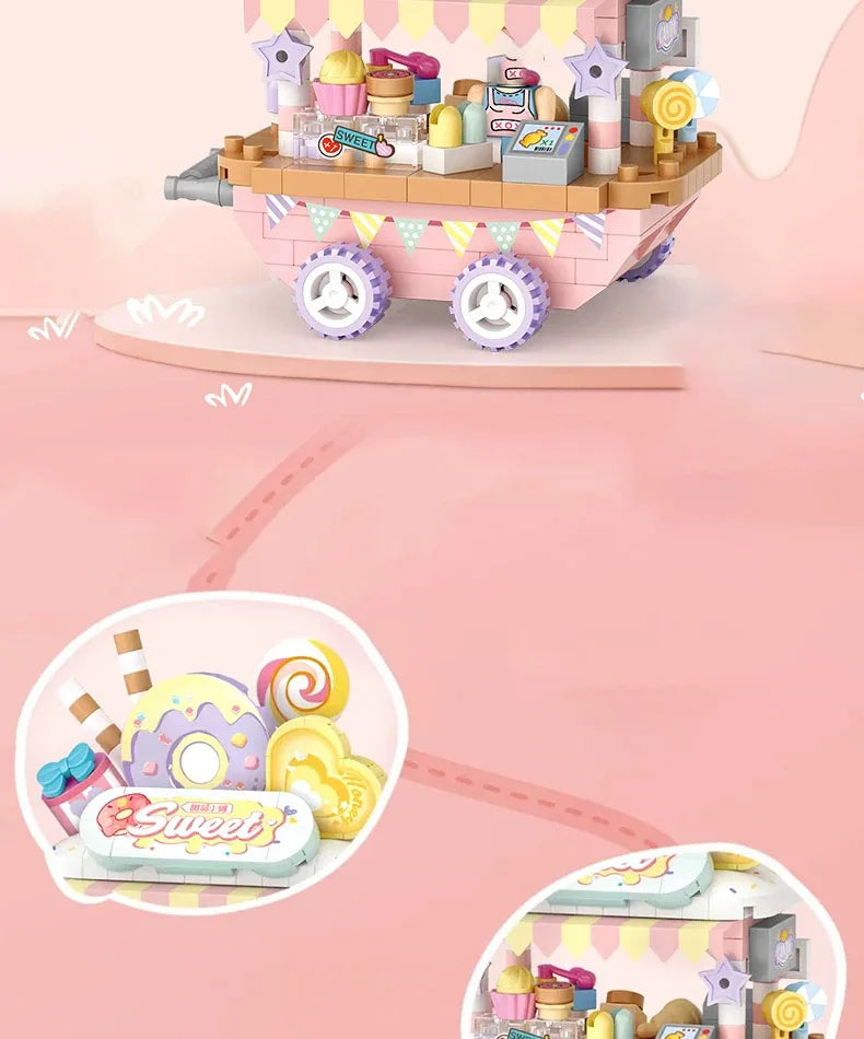 LOZ Street series dessert vending carts, lemon tea vending carts, model assembly, accessories, trolleys, parent-child assembly t