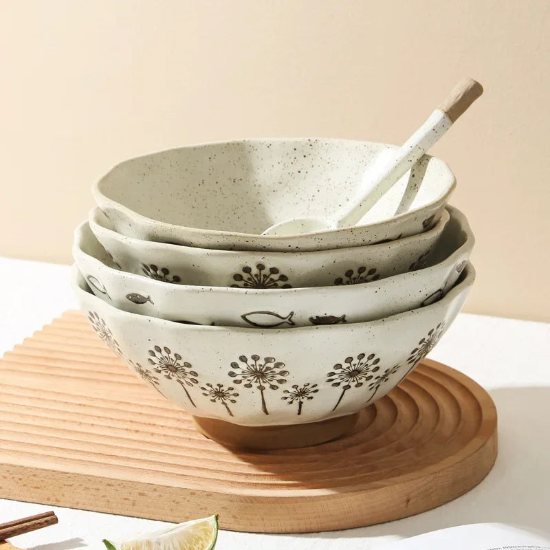 coarse pottery bowl, retro ceramic tableware, underglaze colored noodle bowl, lace soup bowl, household hat  commercial ramen