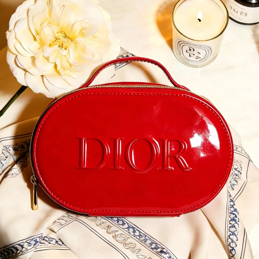 Dior Dior’s Bag Luxury Glossy Bright Red Oval Handheld Makeup Organizer Pouch Patent Leather Embossed Logo Waterproof Travel Cos