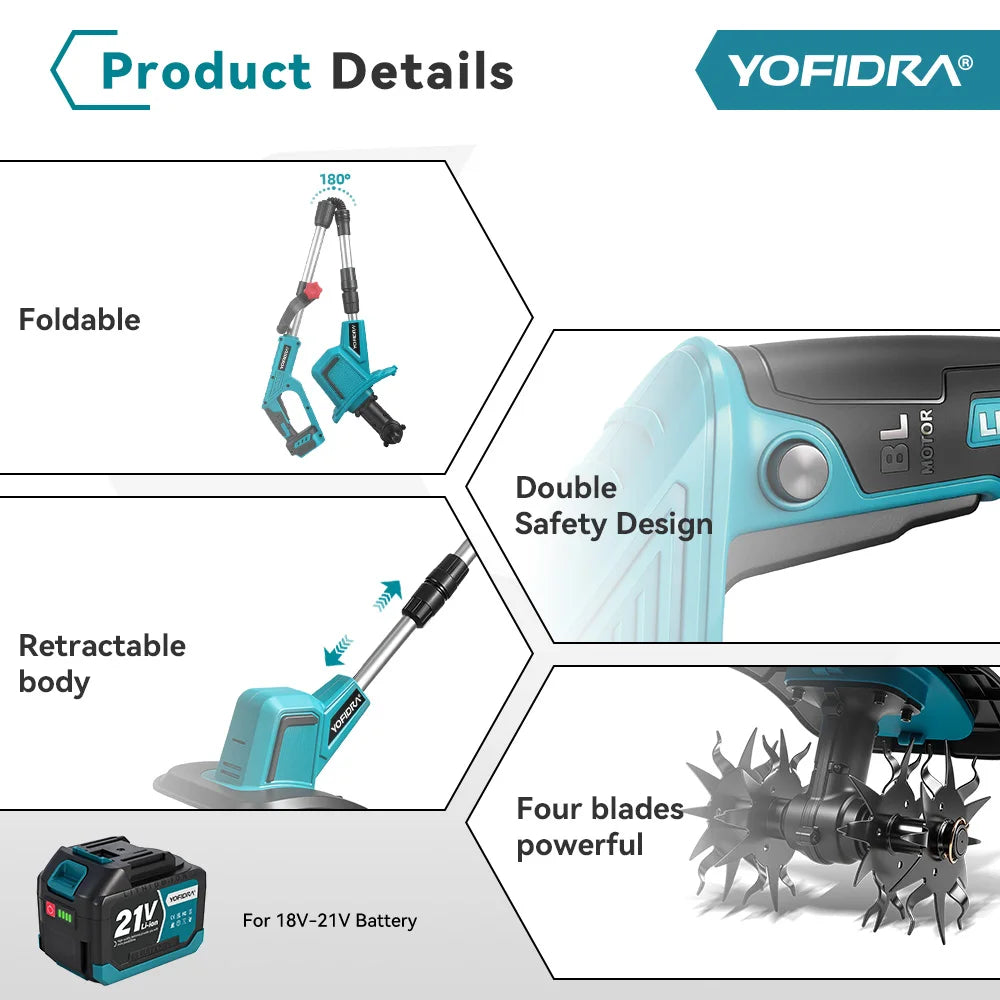 YOFIDRA Brushless Electric Garden Tiller Lawn Mower Rototiller For Soil Cultivation Garden Power Tool For Makita 21V Battery Pin