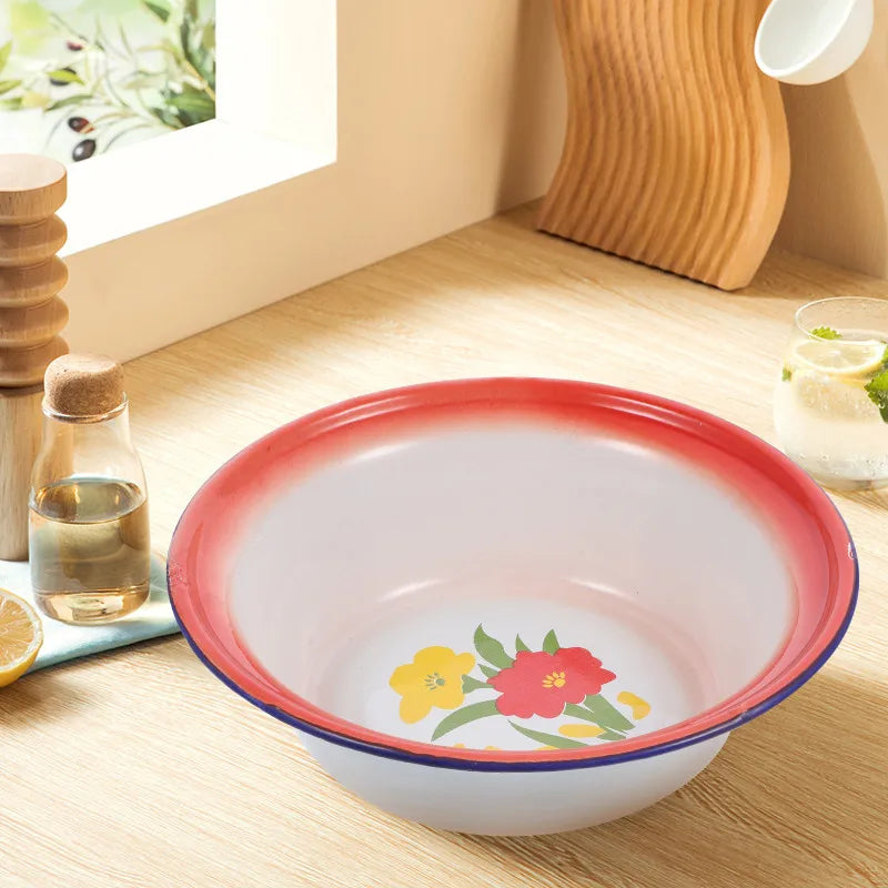 5 Pcs Red Floral Retro Enamel Disc Vintage Dinnerware Sets Enamelware Bowls Metal Plates Kitchen Storage Serving Tableware