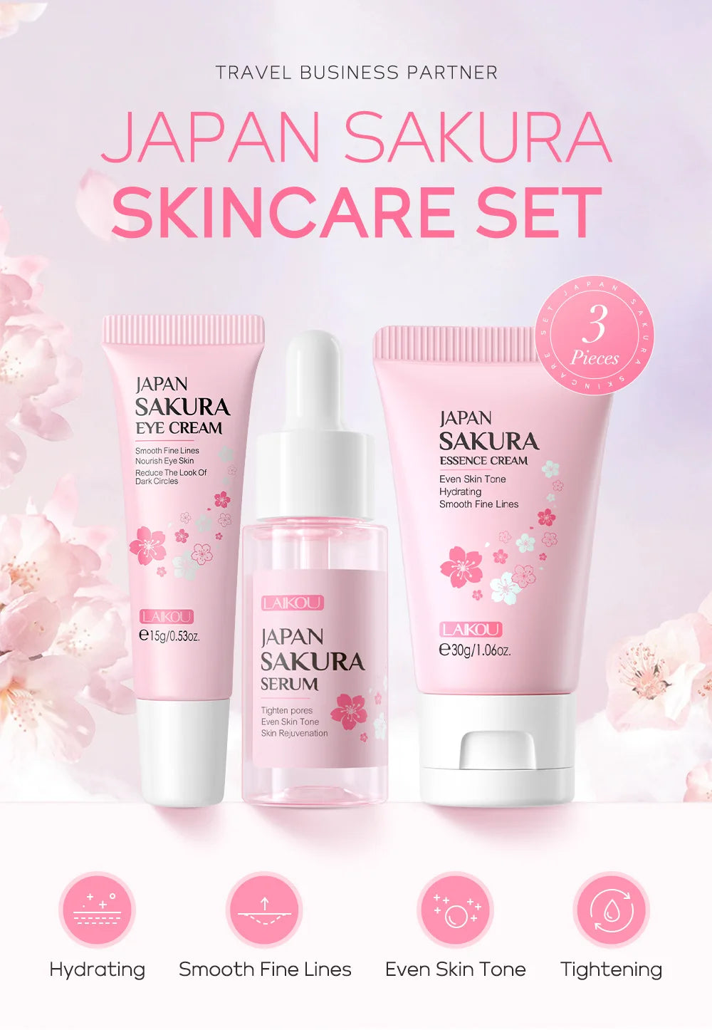 LAIKOU Sakura Skin Care Sets Facial Cleanser Face Cream Serum Toner Moisturizing Brightening Anti Wrinkles Skin Care Kit