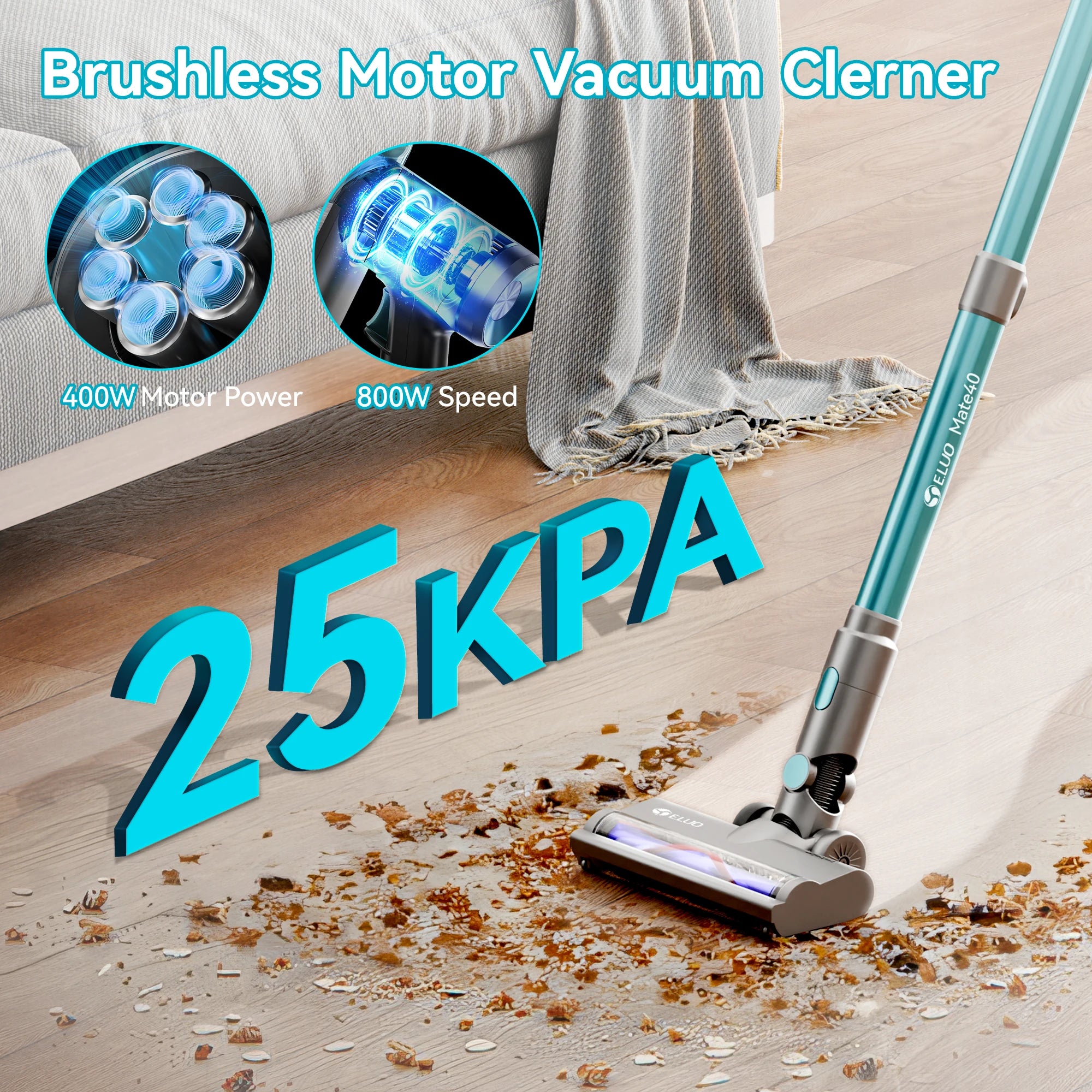 Cordless Vacuum Cleaner, 6-in-1 Stick Vacuum with 400W Suction,Rechargeable Vacuum Handheld Vacuum for Pet Hair/Carpet/Floor