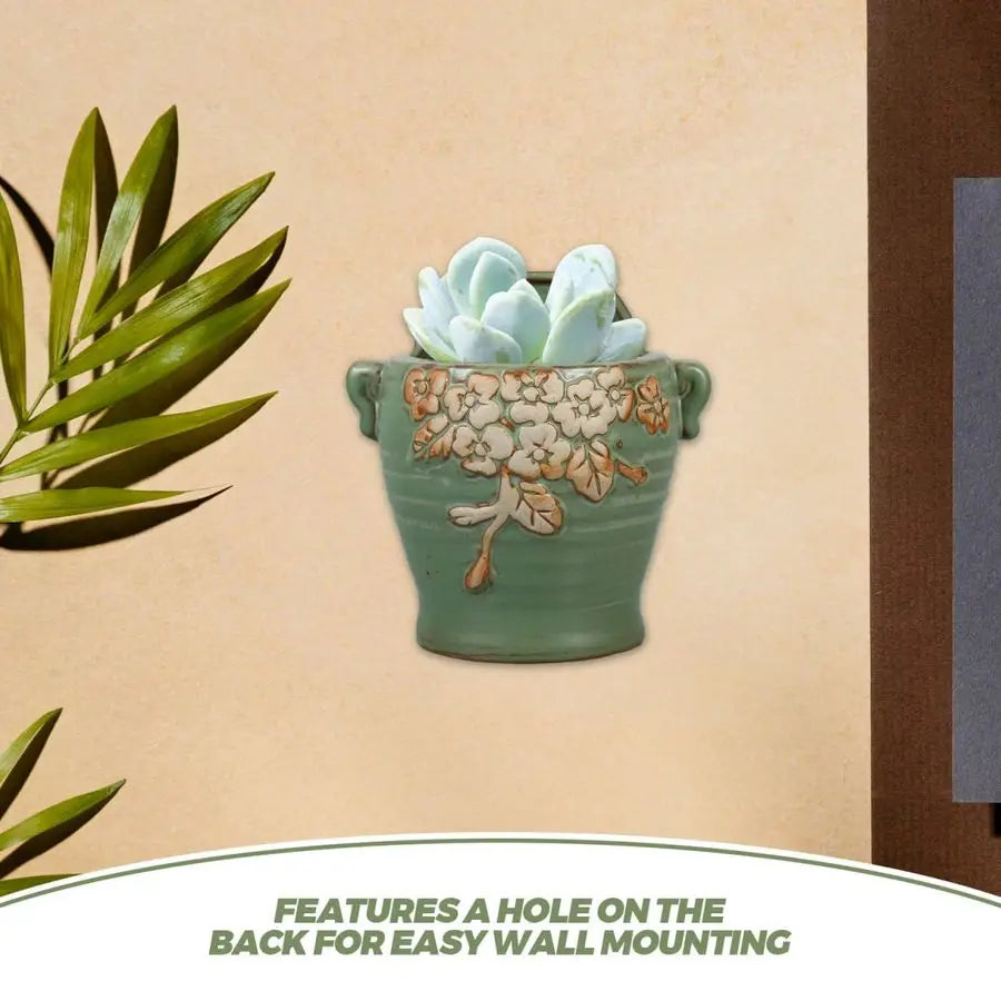 Vintage Ceramic Wall Planter 8 Inch Green Retro Flower Pot for Farmhouse Decor, Indoor Outdoor Hanging Planter for Succulents, H