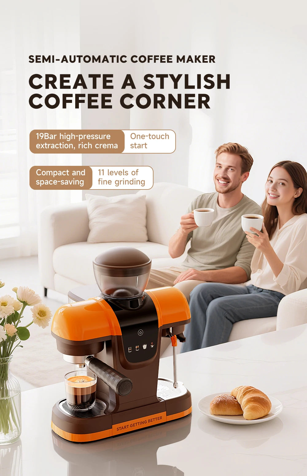 I Cafilas 19 Bar Semi Automatic Espresso Coffee Maker With Grinder Bean For Cappuccino and Latte Milk Frothing System Machine