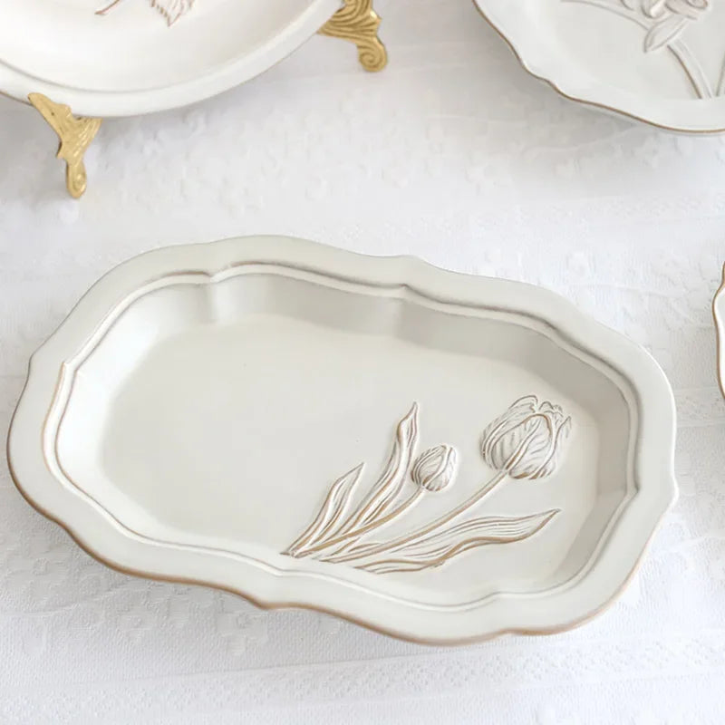 Ceramic Plates Vintage Style Dinner Plate Tulip Relief Ceramic Plates Steak Pasta Dishes Tableware Household Use Tableware Home