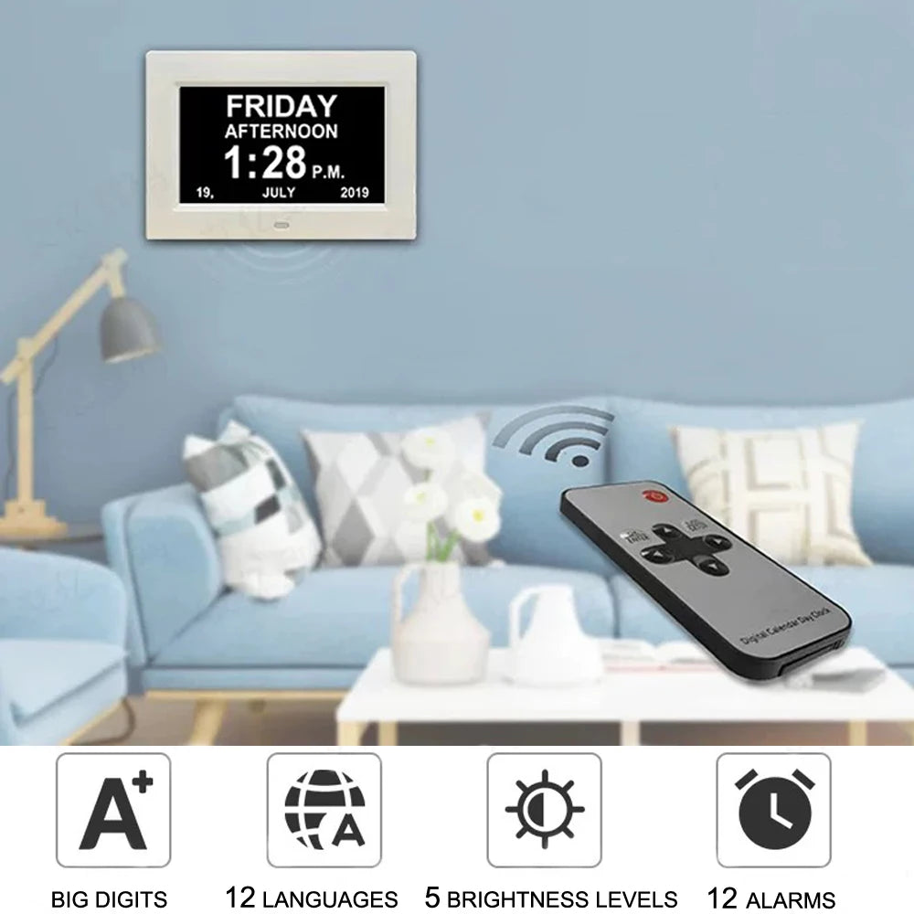 12 Alarms Digital LED Calendar Clock with Multi-Languages to Display. Medicine Time Reminder for Elder.Home Desk Wall Decoration