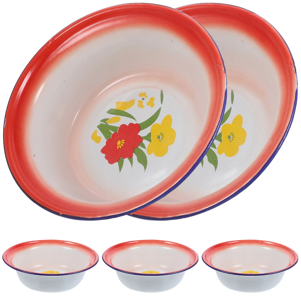 5 Pcs Red Floral Retro Enamel Disc Vintage Dinnerware Sets Enamelware Bowls Metal Plates Kitchen Storage Serving Tableware