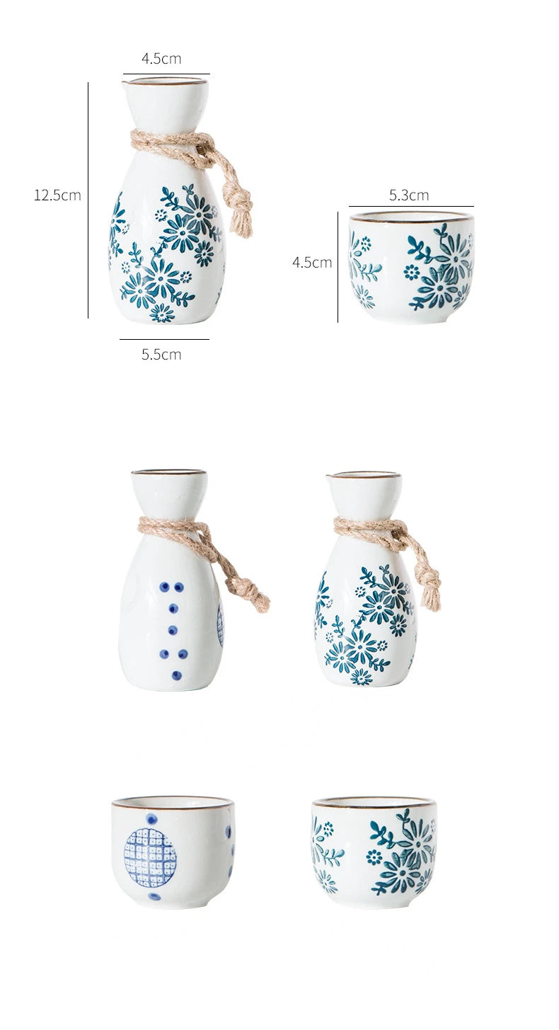 Vintage Japanese Sake Ware Ceramic Flower Wine Pot and Cup Home Kitchen Restaurant Wine Dispenser Drinking Supplies Accessories