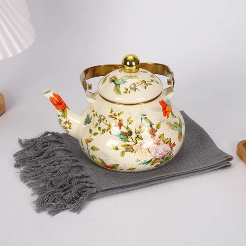 1.5L Vintage Enamelware Kettle Classic Enamel Teapot with Golden Handle for Stovetop Use Kitchen Decor Gift for Tea Lovers