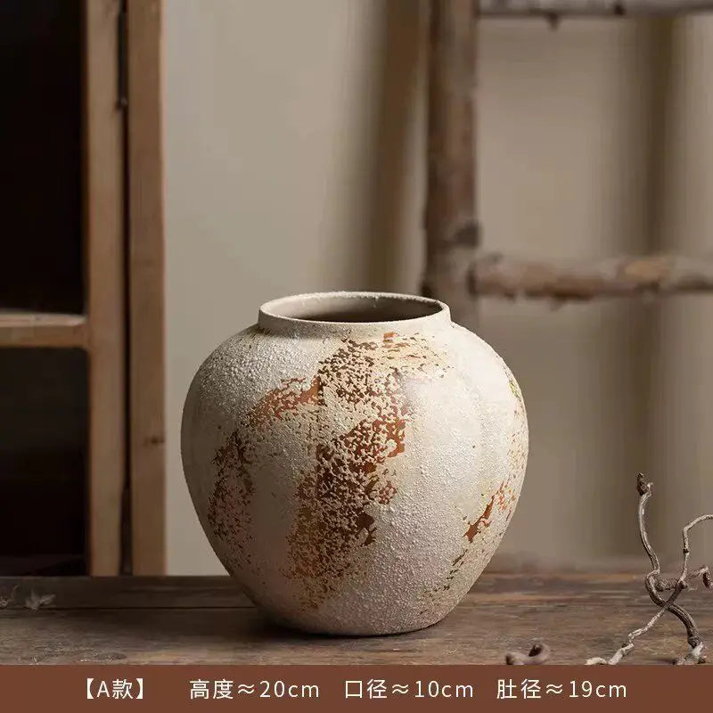 Mottled Retro New Chinese Pottery Vase Wabi-Sabi Style Decoration Entrance Flower Arrangement Hydroponic Ceramic Vase