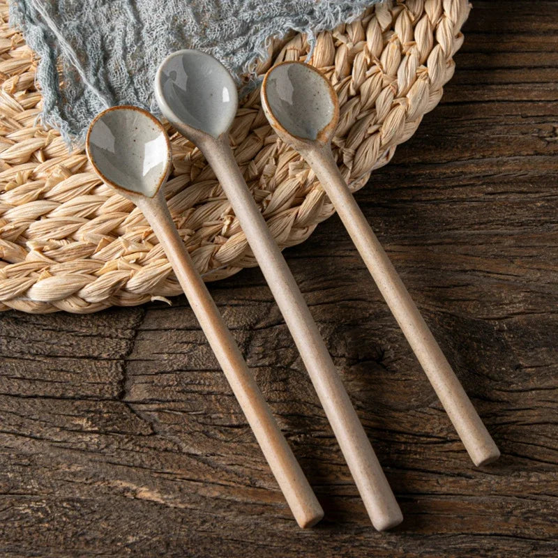 Vintage Japanese Ceramic Small Spoon Coffee Scoop With Long Handle Rough Pottery Soup Spoon Cute Kitchen Accessories