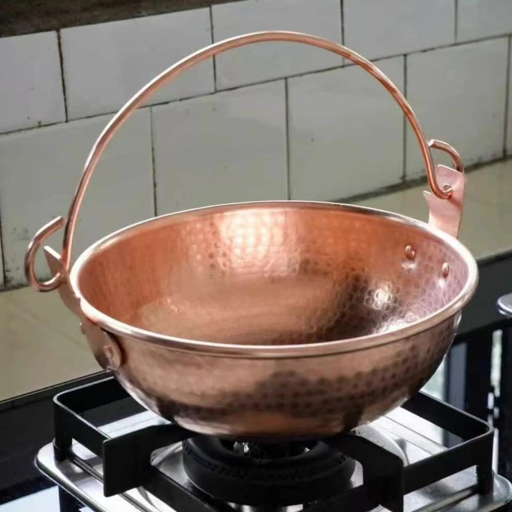 Vintage Copper Hanging Pot,Outdoor Camping Thickened Pot Cooking Utensil Simmering Pasta Stewing,Handcrafted Hammer Texture Pot