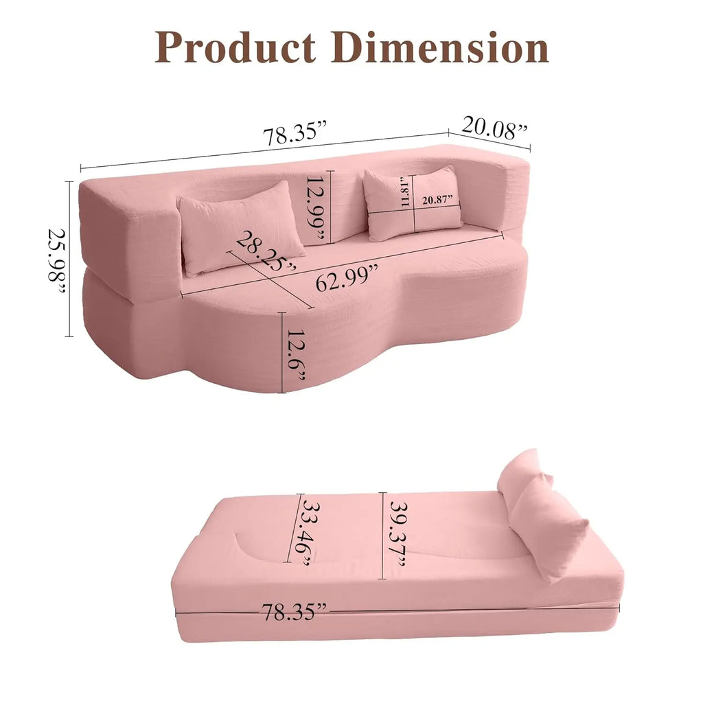 Convertible Sofa Bed, 78'' Queen Size Folding Sleeper Sofa with Pillow, 2-in-1 Teddy Fabric Boneless Loveseat Floor, Customized