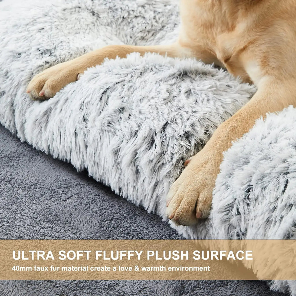 Large Dog Bed, Plush Cozy Kennel Pad with Anti-Slip Bottom for Anxiety Relief and Sleep, Washable Grey Pet Mat