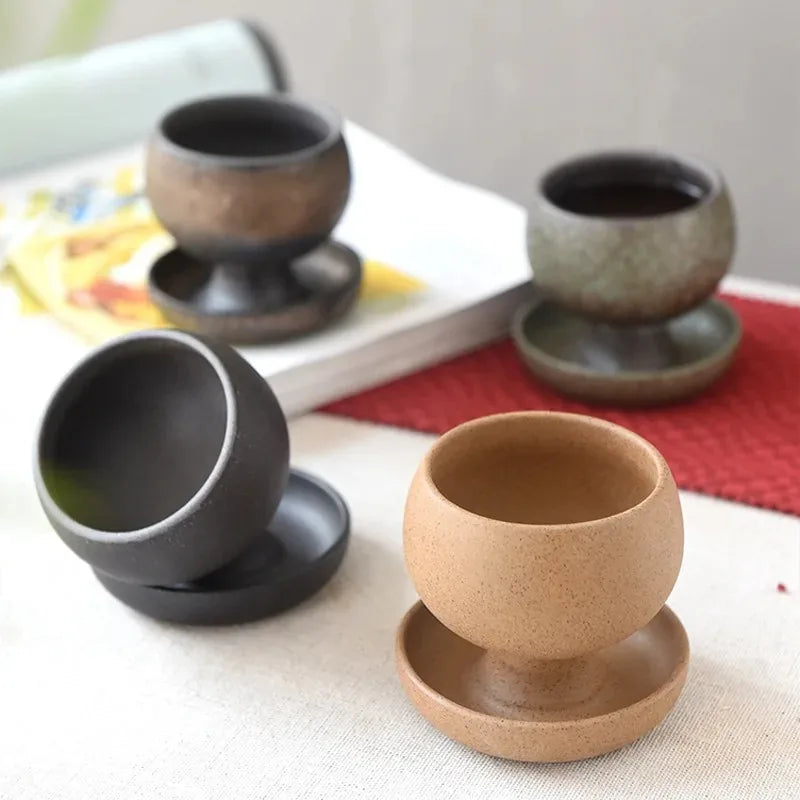 Vintage Stoneware Coffee Mug with Saucer Retro Ceramic Latte Art Cup Handmade Rustic Tea Cup for Home Cafe Boho Tableware