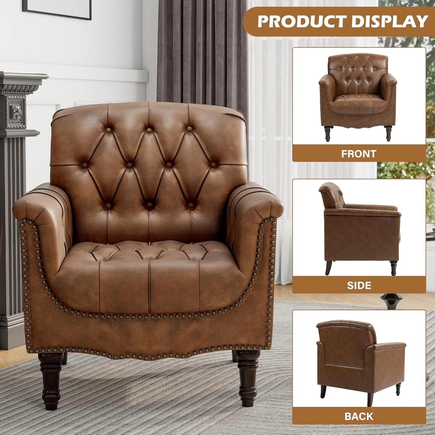 Faux Leather Accent Chairs Set of 2, Comfy Club Chair Upholstered Armchair for Living Room, Button Tufted Arm Chair, Customized