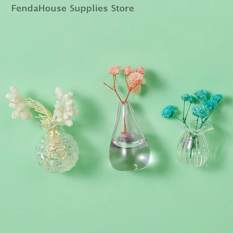 Mini Glass Vase Fridge Magnet DIY Porcelain Vase Flowers Refrigerator Message Sticker Plant Magnet Green Gift Kitchen