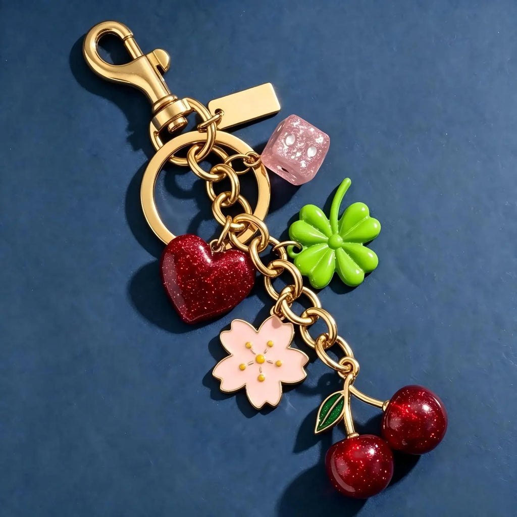 Cherry Bag Charm Gold Tone Multi Charm Sparkly Keychain Purse Accessory For Women Girls Handbags Backpacks Birthday Gifts Cute