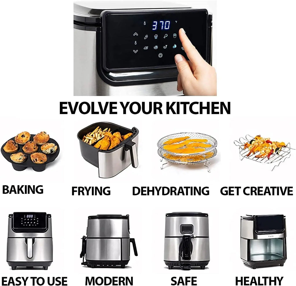 6.8 Quart Air Fryer with Ceramic Basket, Stainless-Steel Finish, Dehydration Function, and Accessory Kit