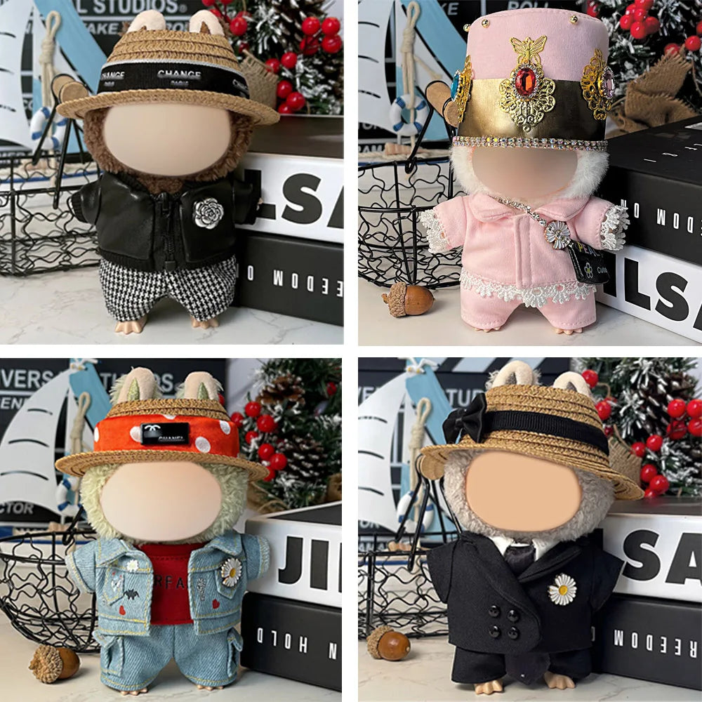 Labubu Clothes 15 17cm Doll DIY Clothing Accessories Fashion Ably luxurious style with Straw Hat Leather Jacket Denim Outfit