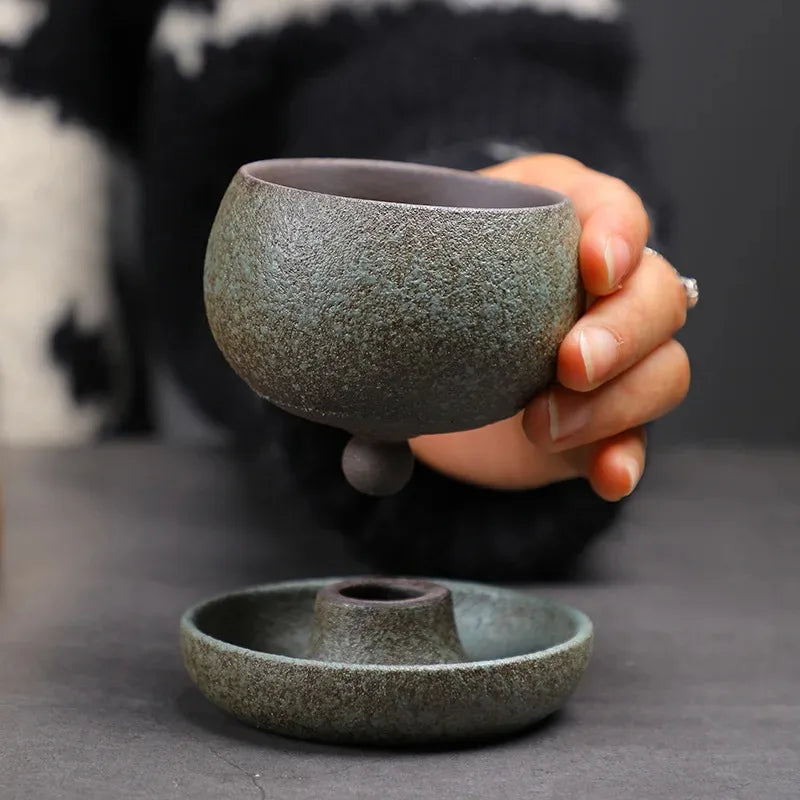 Vintage Stoneware Coffee Mug with Saucer Retro Ceramic Latte Art Cup Handmade Rustic Tea Cup for Home Cafe Boho Tableware