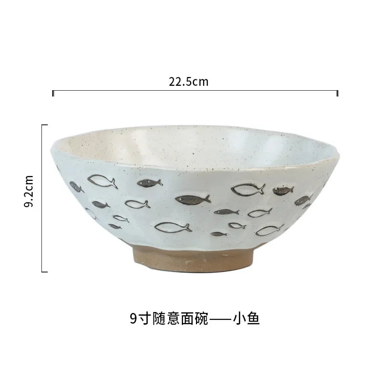 coarse pottery bowl, retro ceramic tableware, underglaze colored noodle bowl, lace soup bowl, household hat  commercial ramen