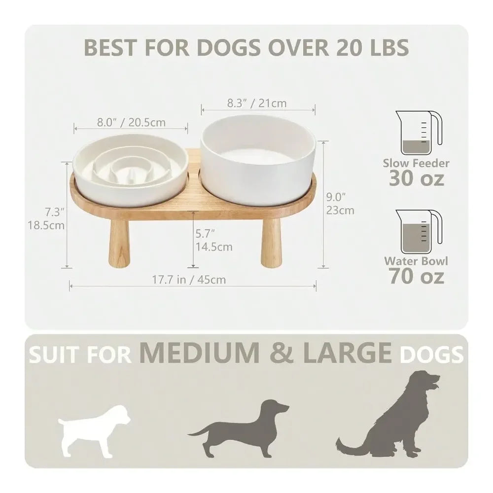 Dog Bowl Dog SuppliesSlow Feeder And Water Bowl Set For Medium And Large Dogs Ceramic Dog Bowls Elevated With Wooden Stand 2.0 C