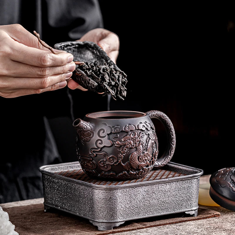 Suitable for collectionPurple Pottery Teapot Handmade Pile Carving Xianglong Pot Kung Fu Tea Set Purple Clay Pot Handmade