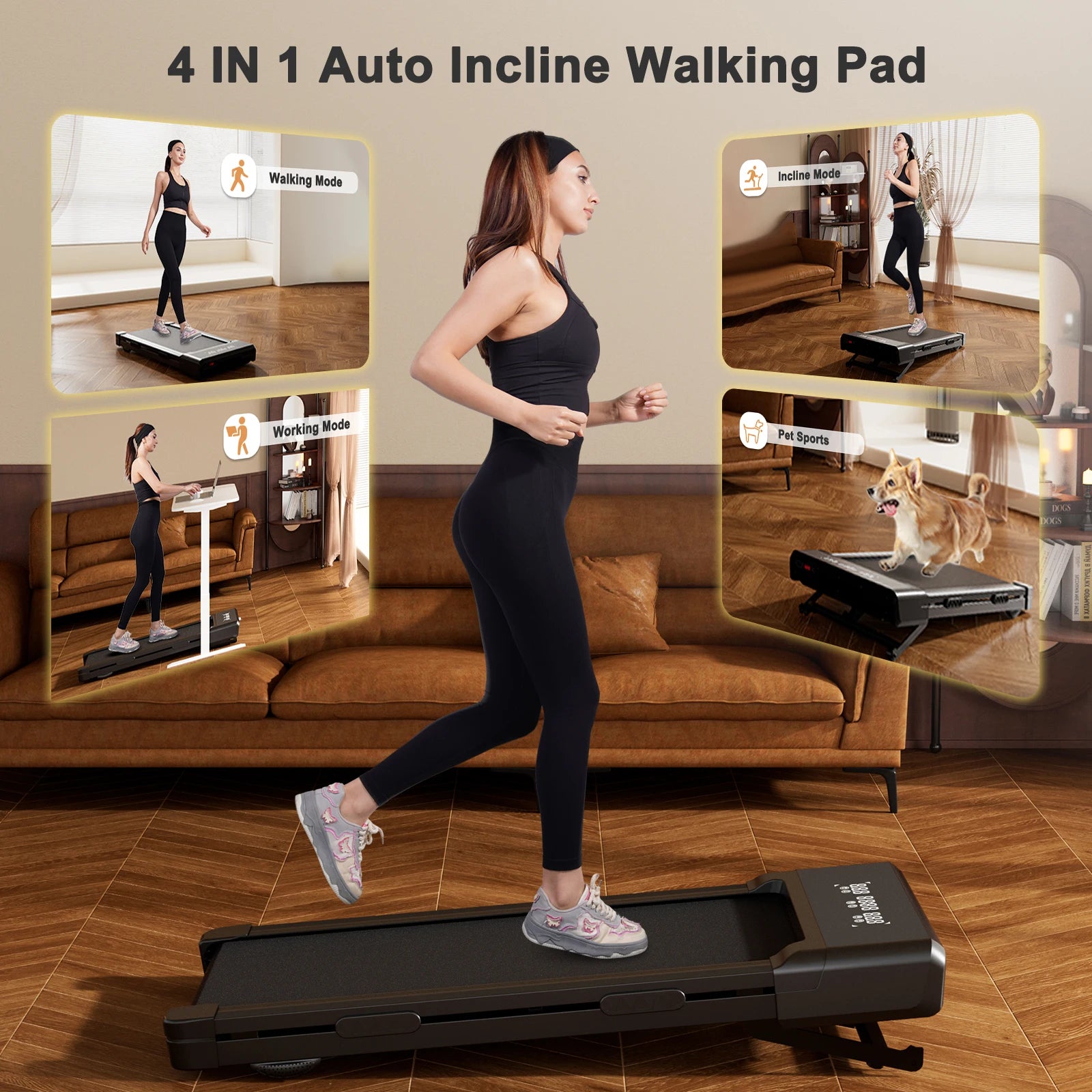 3.0HP Raceable Walking Pad Under Desk Treadmill with 9% Incline Adjustable Speed 1-6KM/H LCD Screen Display 136KG Load For Home