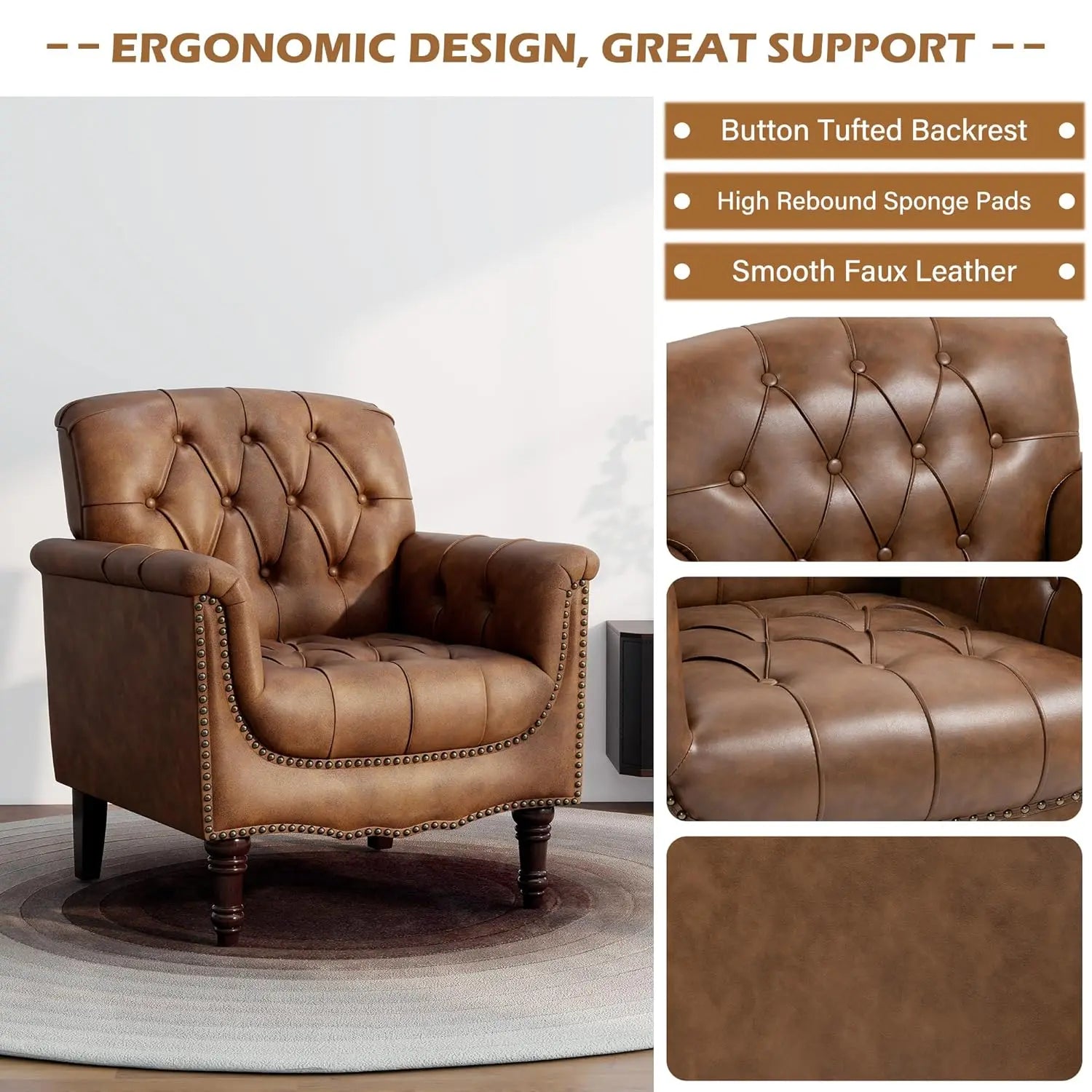 Faux Leather Accent Chairs Set of 2, Comfy Club Chair Upholstered Armchair for Living Room, Button Tufted Arm Chair, Customized