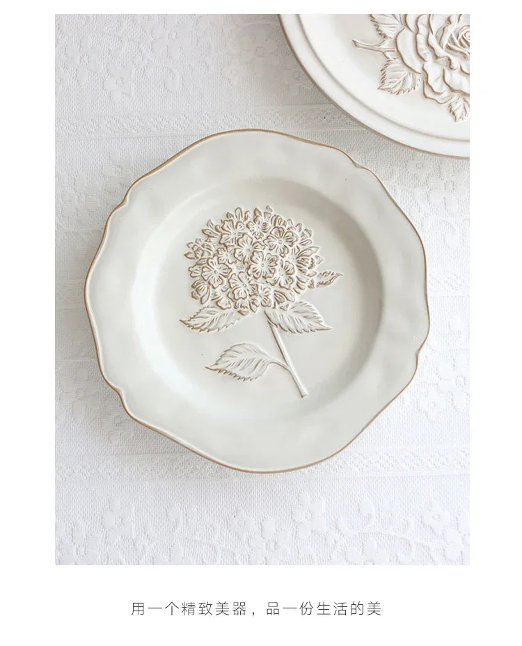 Ceramic Plates Vintage Style Dinner Plate Tulip Relief Ceramic Plates Steak Pasta Dishes Tableware Household Use Tableware Home