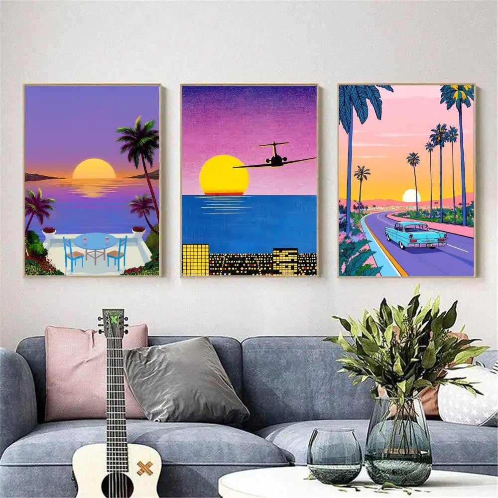 Hiroshi Nagai Vaporwave Japan Beach Poster Poster Waterproof HD Wall Art Decal Self-Adhesive Aesthetic Decor For Home Living