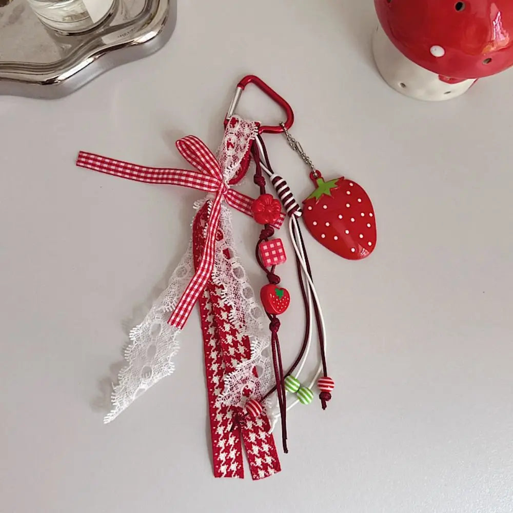 Bag Decoration Strawberry Bag Charms Girl Heart Trinket Riband Strawberry Keychain Anti-Lost Jewelry Girl Sweet Key Chain