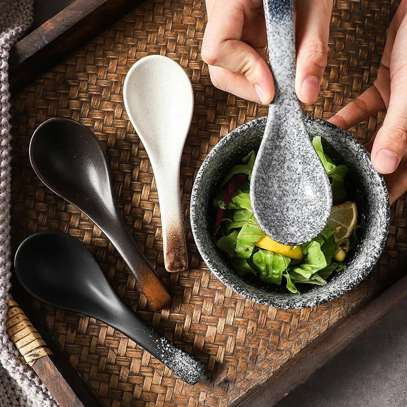 Vintage Japanese Ceramic Tableware Set: Soup Spoons, Ladles & Rice Bowls for Home and Commercial Kitchen