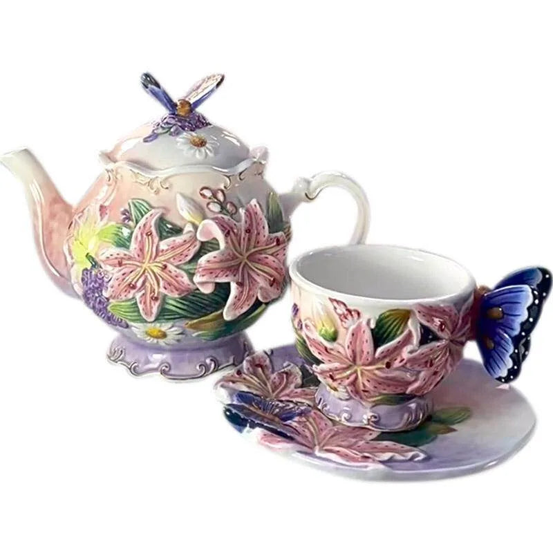 European Style Ceramic Coffee Pot, Hand-painted Butterfly Orchid Teapot, Tea Cup Set, Exquisite Creative Gift, Cafe Accessories