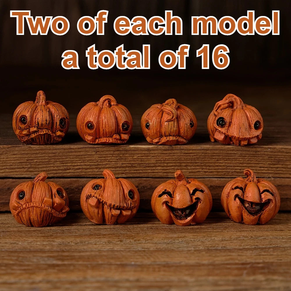16pcs Halloween Mini Pumpkin Resin Figurines Vintage Spooky Decor Red Eyes Jack O Lantern Faces Battery Free Table Display