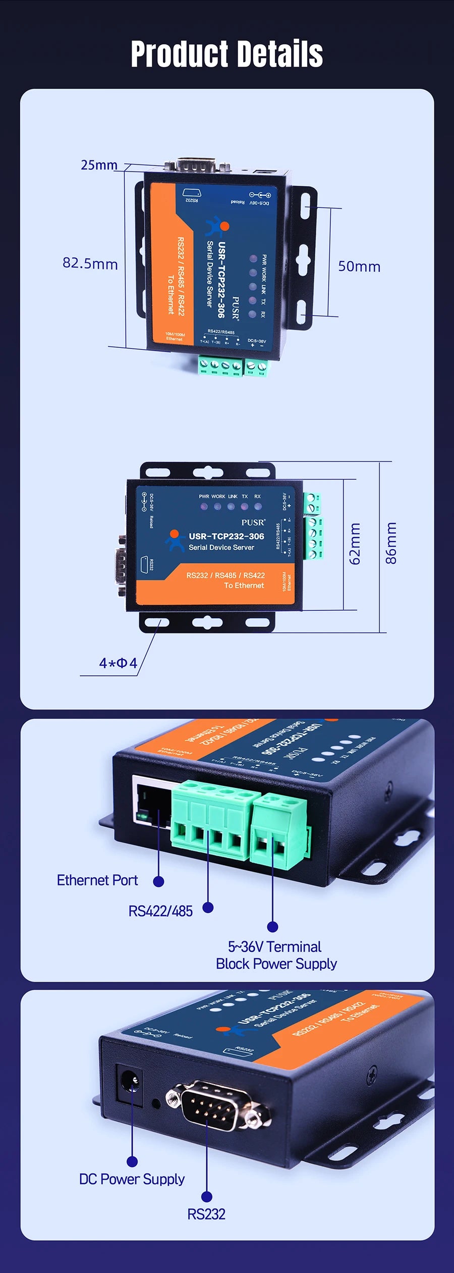 PUSR RS485 RS232 RS422 to Ethernet Converter Modbus RTU to TCP Gateway Serial Device Server USR-TCP232-306